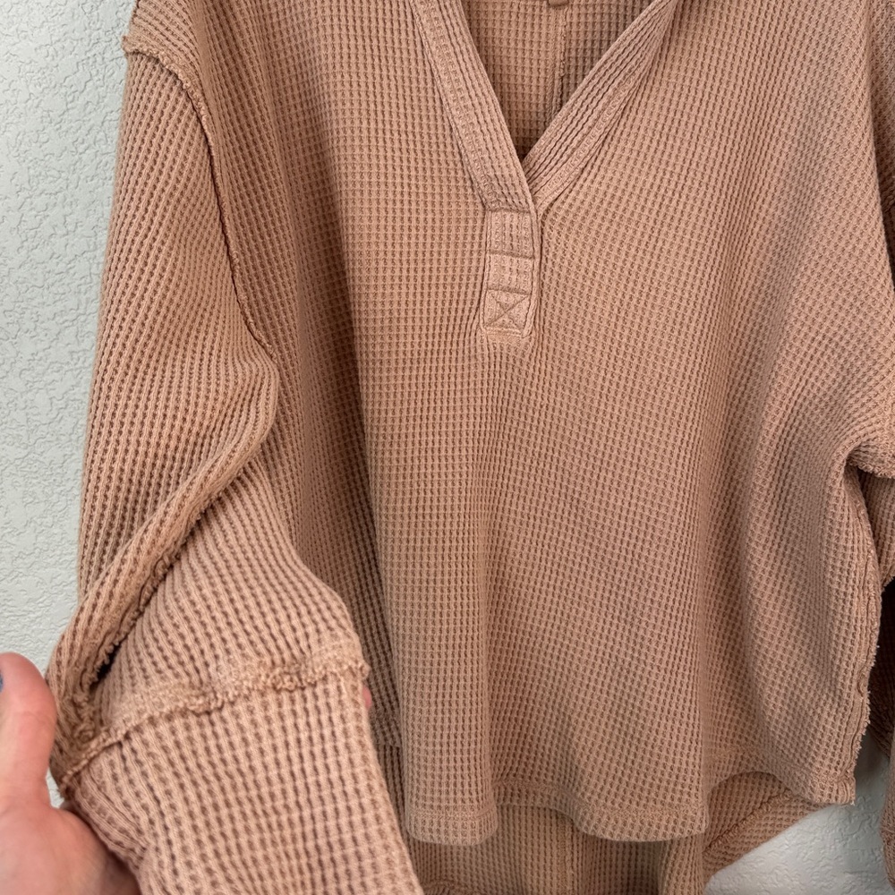 Aerie Lumber Jane Waffle Polo Long Sleeve Top Oversized Tan Size Medium - Picture 5 of 8
